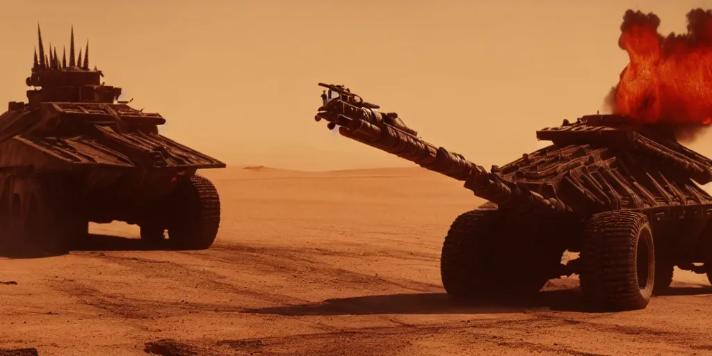 Image similar to a symmetrical, medium shot of Darth Vader standing on a driving armored post apocalyptic battle car in the desert and firing a flamethrower, Mad Max Fury Road, film still, sandstorm, fire, highly realistic, center frame, spikes, flags, dust, 4K anamorphic, sun beams