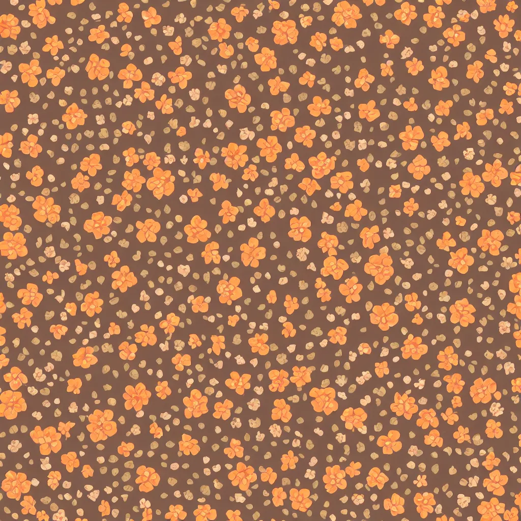 Image similar to repeating fabric pattern, minimalistic, miniature tiny orange and peach color flowers, brown vines and leaves