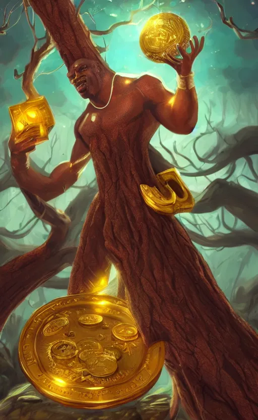 Prompt: shaq as a tree, sonic, gold coins, oil painting, fantasy concept art, trending on art station, stunning visuals, creative, cinematic, ultra detailed, sharp