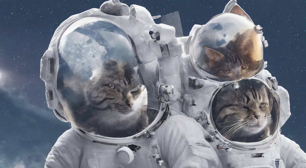 Prompt: a cat astronaut standing on the moon, close up, drawing, anime, octane render, volumetric lighting,