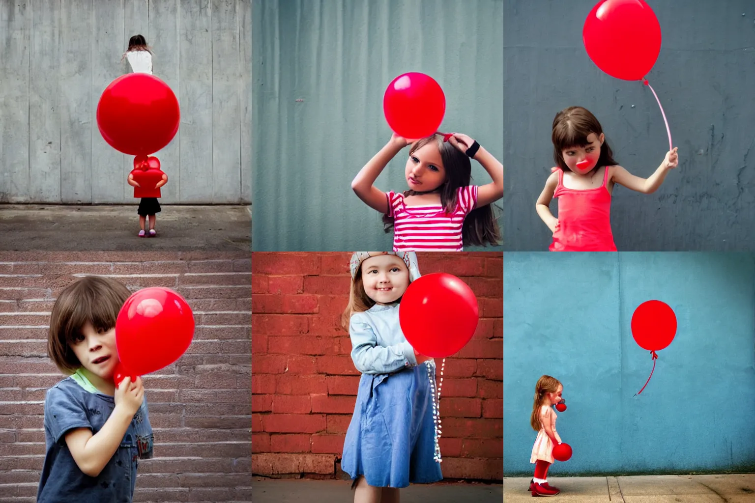 Prompt: cute girl holding a red balloon in the style of bansky