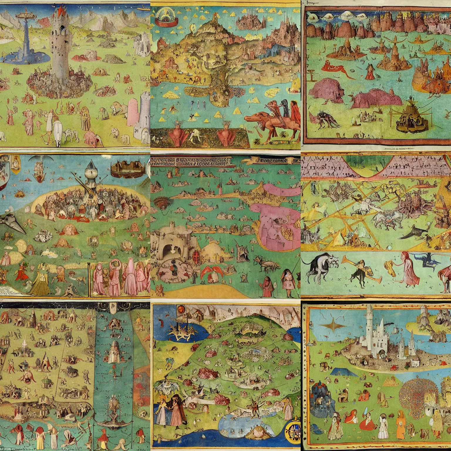 Prompt: detailing map of medieval imaginary fantasy world by Henry Darger and Hieronymus Bosch