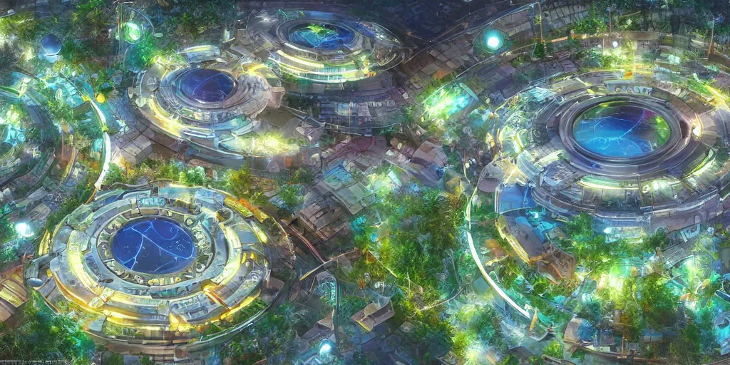 Prompt: a solarpunk city built around a park with a glowing donut-shaped glass building at its centre, digital art, art station
