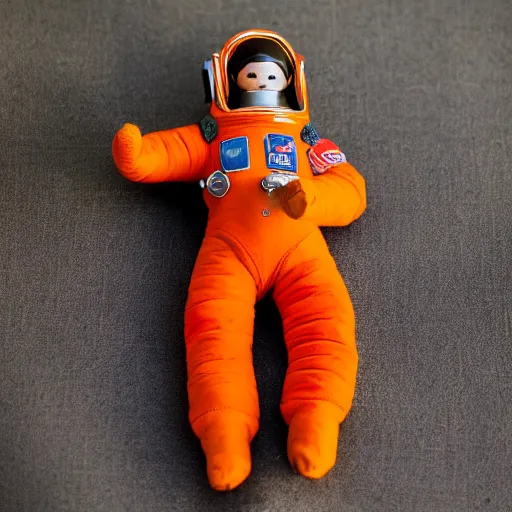 Image similar to Fumo plush of a Soviet cosmonaut in an orange spacesuit SK-1, Vostok-1, EOS-1D, f/1.4, ISO 200, 1/160s, 8K, RAW, unedited, symmetrical balance, in-frame