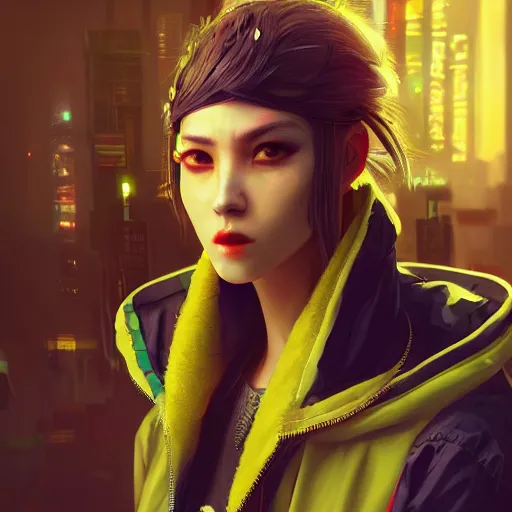 Image similar to A beautiful cyberpunk painting of a female thug by Wlop and Z eD, handsome face, bomber jacket, white hair, yellow iris, trending on artstation, pixiv, 4k, HDR, unreal engine