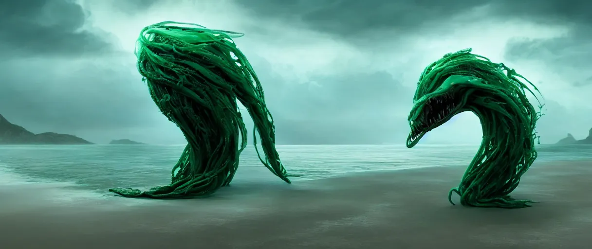 Prompt: a stunning cinematic extreme wide shot of an adorable confused slick sleek smooth green and blue humanoid sea monster wearing clothes made of seaweed on a dark stormy beach, well designed perfect with huge luminous sad eyes, sharp claws, cgsociety, hd octane render, fantasy, furry art, artstation, deviantart, furaffinity, very very clean, super smooth, thunderclouds