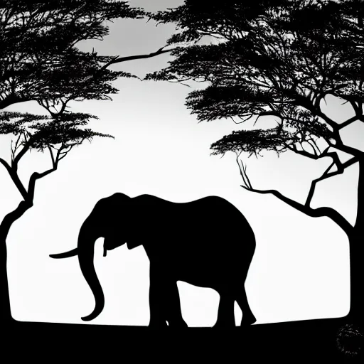 Prompt: an elephant in the savanna, silhouette, black, detailed, tribal style