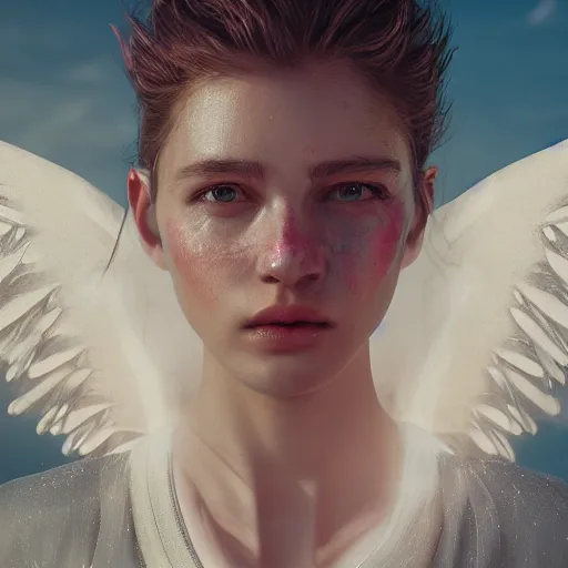 Image similar to portrait art of female angel by alessio albi 8 k ultra realistic, angel wings, lens flare, atmosphere, glow, detailed, intricate, full of colour, cinematic lighting, trending on artstation, 4 k, hyperrealistic, focused, extreme details, unreal engine 5, cinematic, masterpiece