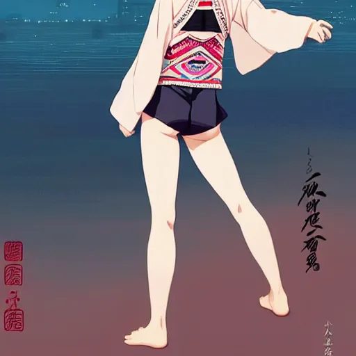 Image similar to a beautiful boyish japanese emma watson alluring instagram model, wearing elegant japanese hiphop leotard outfit with subtle mayan patterns and native fashion, aztec street fashion bathing suit, jrpg fashion, gapmoe yandere grimdark, trending on pixiv fanbox, painted by greg rutkowski makoto shinkai takashi takeuchi studio ghibli, akihiko yoshida