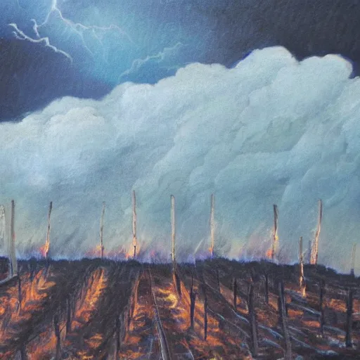 Prompt: burning vineyards in a thunderstorm, art station, ghost in the sky, detailed