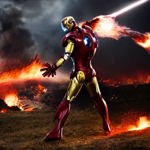 Image similar to iron man, scene from the avengers, explosions, fire, tanks, military, battlefield, war photography