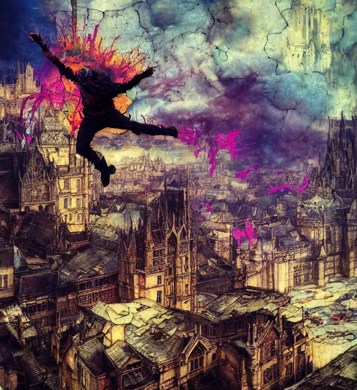 Prompt: realistic detailed image of a man jumping of a roof of ruined city, corrupted oversaturated 4 k uncropped photo by arthur rackham and francis bacon, high quality, ultra detailed. masterpiece, oil on canvas painting, pixel sorting, glitch, datamosh. bold and vivid acid neon colors. 8 k