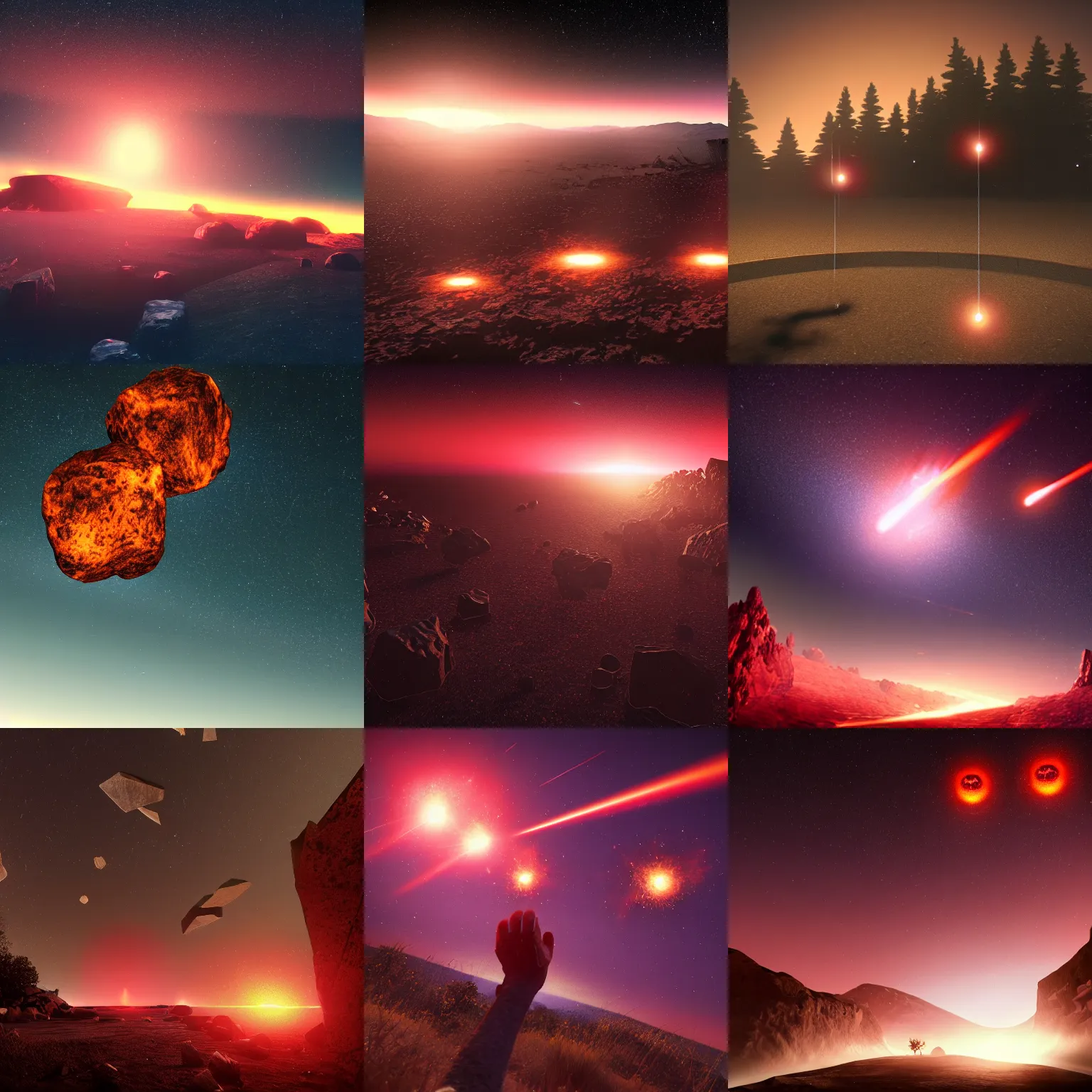 Prompt: three meteor fireballs fall down in the dark sky, at gentle dawn red light, cinematic lighting, volumetric lighting, smooth, sharp focus, highly detailed, render in unreal engine 5, artstation, deviantart, behance, trending, epic composition, hd, octane, unreal engine, volumetric lighting, light rays, masterpiece, award - winning