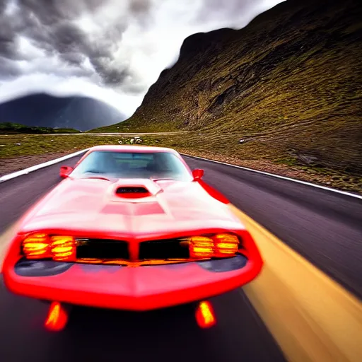 Image similar to black pontiac firebird trans - am driving towards the camera, zerglings running towards the car, norway mountains, valley, lake, dynamic, cinematic, motionblur, volumetric lighting, wide shot, low angle, red glow in sky, large lightning storm