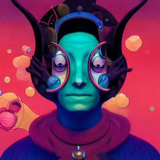 Image similar to colourful breathtakingly weird beautiful powerful magical wonderfully majestic beautifully cool character by michael whelan and moebius and beeple and kilian eng and dan mcpharlin and pascal blanche and jamie hewlett and richard dadd, symmetrical, magical stormy reflections, smoke on water, 8 k artstation