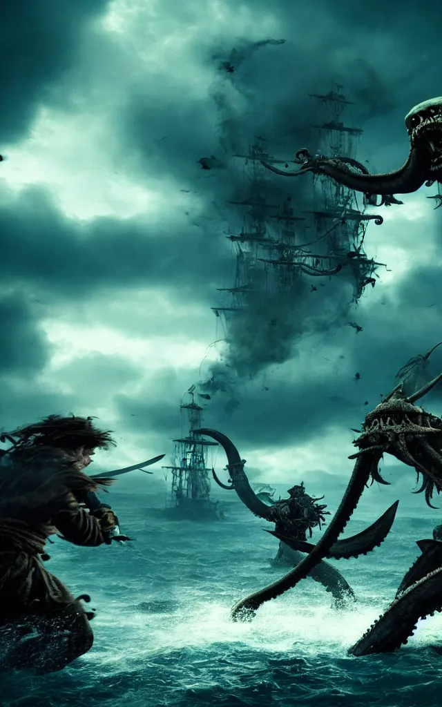 Image similar to pirates fighting kraken, cinematic atmosphere, maximized, high detail, 8k, ornate, dark fantasy, masterpiece, complex, film still from the movie directed by Denis Villeneuve