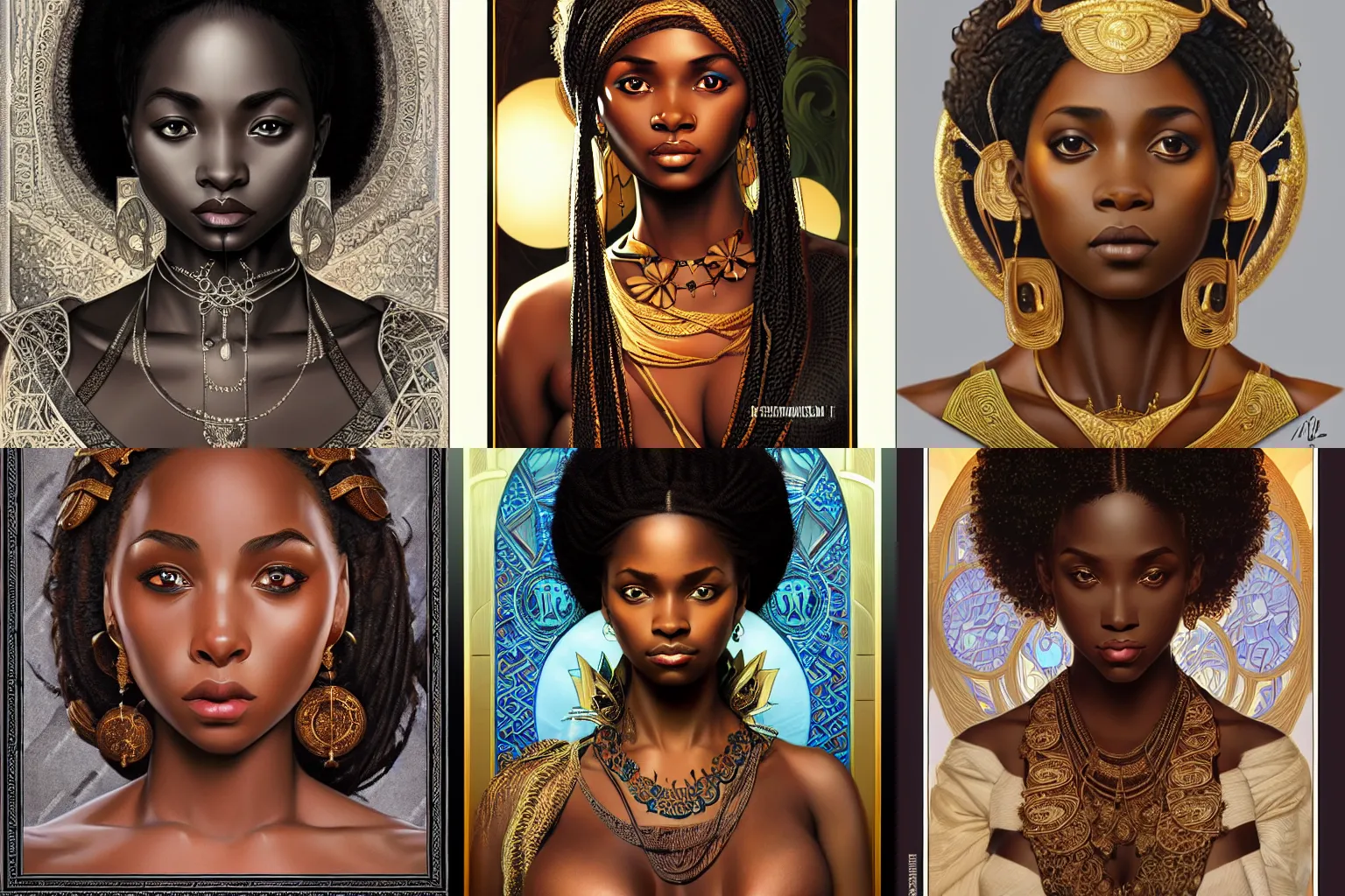 Prompt: black african princess, symmetric, highly detailed, concept art, intricate, sharp focus, illustration, alexandros pyromallis, bouguereau, rutkowski, artgerm, alphonse mucha