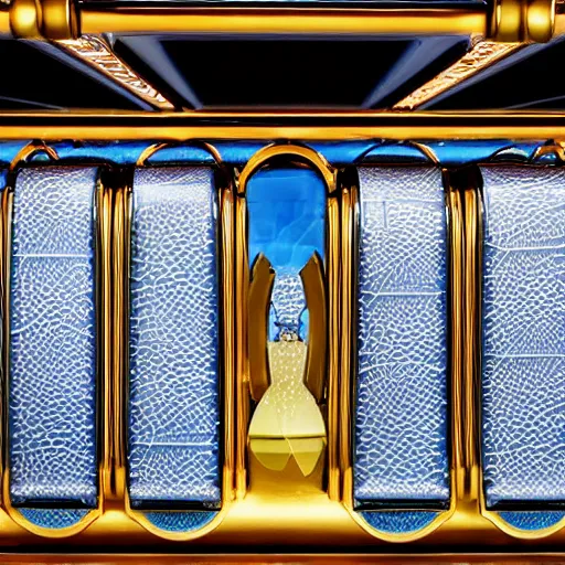 Image similar to a luxury handbag in year 3000, art-deco style, in entrance hall of an art-deco skyscaper, photography , official vuitton editorial , highly detailed