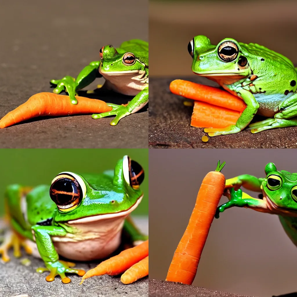 Prompt: a frog eating a carrot