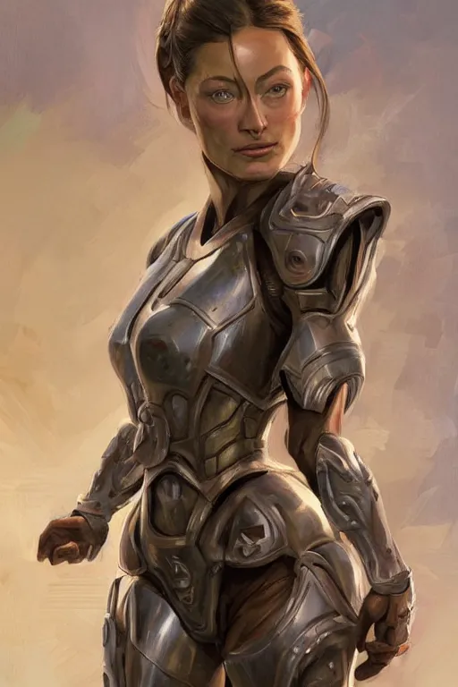 Image similar to a professional painting of a young Olivia Wilde, clothes in military armor, olive skin, long dark hair, beautiful bone structure, symmetrical facial features, intricate, elegant, digital painting, concept art, smooth, sharp focus, illustration, from StarCraft by Ruan Jia and Mandy Jurgens and Artgerm and William-Adolphe Bouguerea