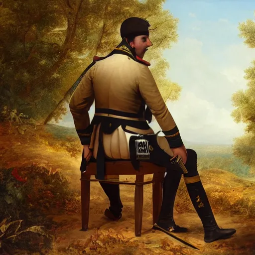 Prompt: ultra realistic painting of a napoleonic soldier sitting on a piano inside of a forest, thick brush strokes, visible paint layers, taken from the back of the soldier.