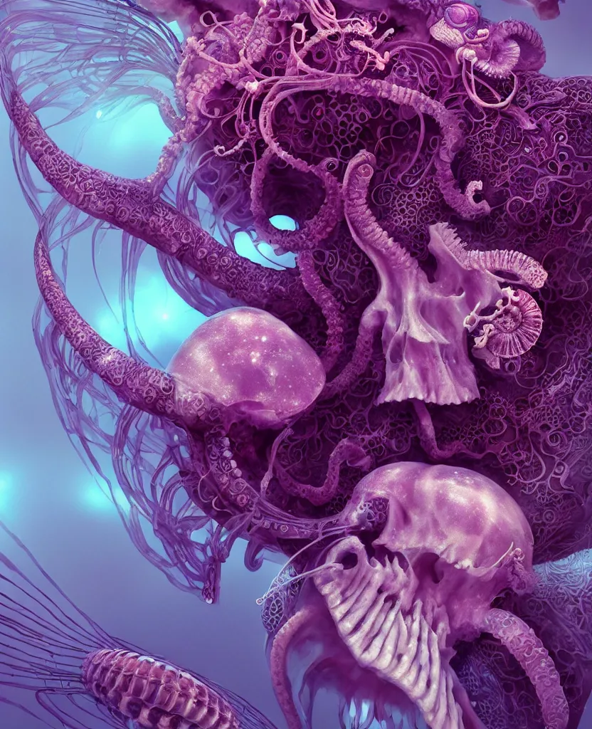 Image similar to goddess close-up portrait ram skull, thorax, x-ray, backbone, jellyfish phoenix head, nautilus, orchid, skull, betta fish, bioluminiscent creatures, intricate artwork by Tooth Wu and wlop and beeple. octane render, trending on artstation, greg rutkowski very coherent symmetrical artwork. cinematic, hyper realism, high detail, octane render, 8k