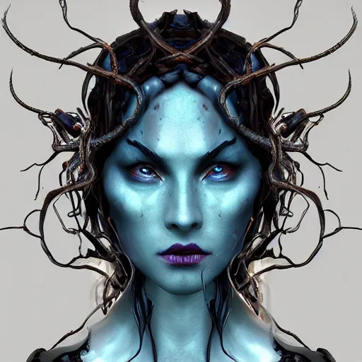 Image similar to dark queen of snakes, crown of snakes, blue skin, realism, dark fantasy, surrounded by thorned vines, unreal engine, artstation