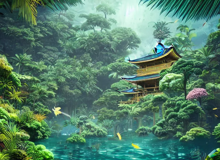 Prompt: overgrown tropical foliage overtaking many tall ornate japanese buildings, underwater environment, borealis, scenery, professional, award - winning, trending on artstation, hyper detailed, realistic, beautiful, emotional, shiny, golden, picture