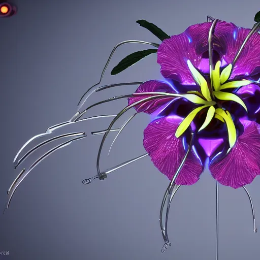 Image similar to a hibiscus flower, cybernetic, made of metal, shiny, glowing, unreal engine