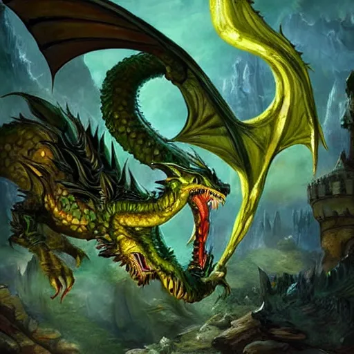 Prompt: fairy tale, painting, large green dragon, venomfang, dnd, inside a castle, four legs, long claws, wide wings, sitting on a small hoard of gold, realistic, dungeons and dragons