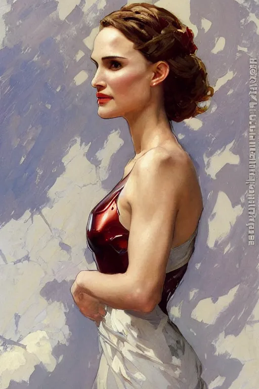 Image similar to elegant portrait of natalie portman as iron man by greg manchess, mucha, william adolphe bouguereau, john singer sargent, sorolla, winslow homer, dean cornwell, james gurney, kilin eng, ilya repin, pablo carpio