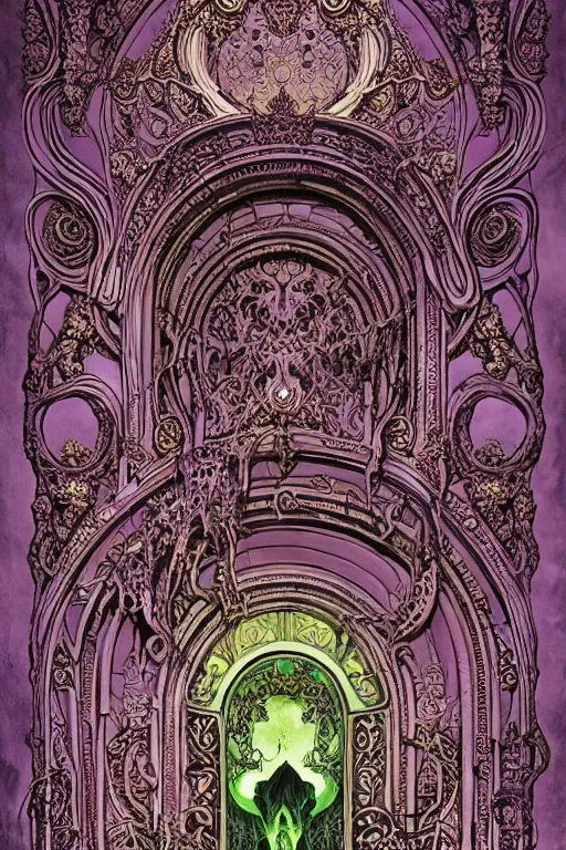 Image similar to art nouveau baroque architecture, demonic lovecraftian mouth gateway doorway portal to infernal hell, ornate stonework, made of bone and teeth, hyperdetailed cosmic gems, volumetric lighting, sigils, magenta and green color palette, wayne barlowe , moebius, yoshitako amano