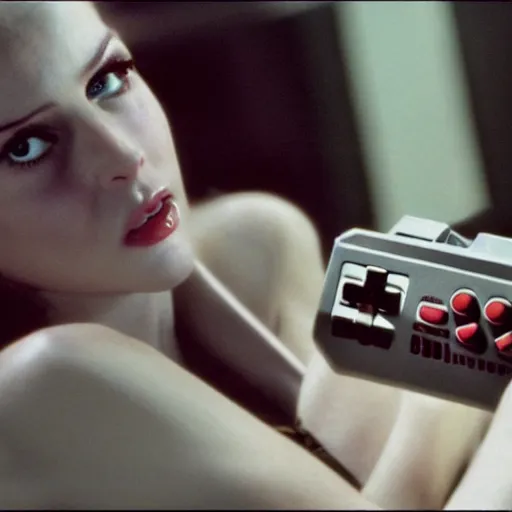 Prompt: a still of a beautiful pin up playing with a NES controller, in the movie Minority Report (2002), highly detailed and intricate, cinematic lighting, 4k HDR