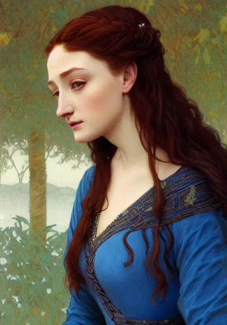 Prompt: sansa stark in blue dress with long hair, intricate, elegant, highly detailed, digital painting, artstation, concept art, smooth, sharp focus, illustration, art by artgerm and greg rutkowski and alphonse mucha and william - adolphe bouguereau