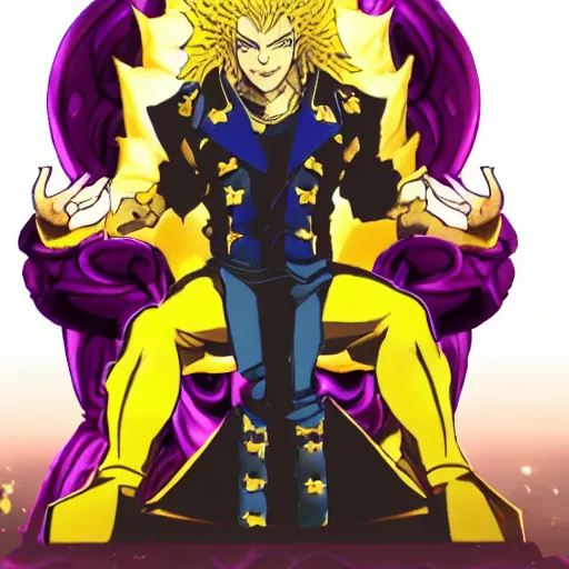 Image similar to dio from jojo's bizarre adventure sitting on a throne, stardust crusaders still