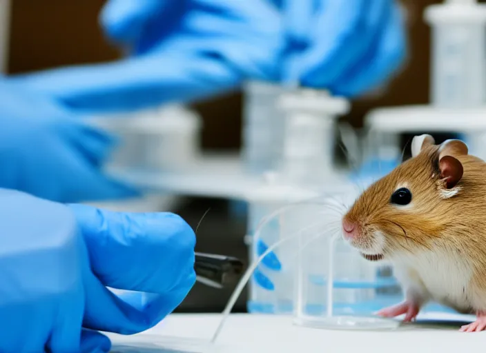 Image similar to film still of a hamster working in a research lab filling test tubes, 8 k