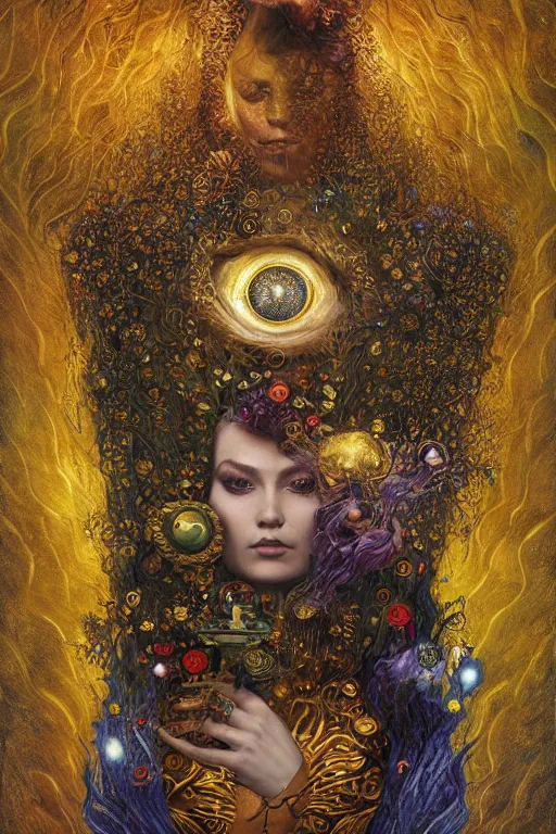 Image similar to The Someday Box by Karol Bak, Jean Deville, Gustav Klimt, and Vincent Van Gogh, mystic eye, otherworldly, elegant donation box, beautiful elaborate jeweled reliquary, tendrils of smoke escaping from the keyhole of a box, spiraling wisps of colorful mist, lightning, fractal structures, arcane, inferno, inscribed runes, infernal relics, ornate gilded medieval icon, third eye, spirals