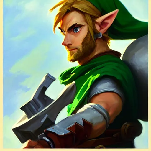 Image similar to Greg Manchess portrait painting of Link from Legend of Zelda as Overwatch character, medium shot, asymmetrical, profile picture, Organic Painting, sunny day, Matte Painting, bold shapes, hard edges, street art, trending on artstation, by Huang Guangjian and Gil Elvgren and Sachin Teng