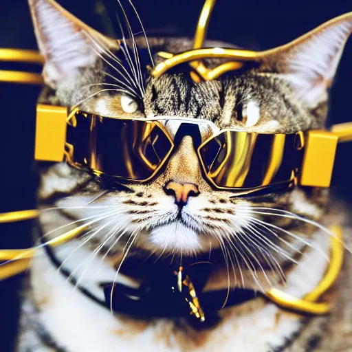Prompt: a man - cat wearing a fine golden crown and black goggles, symmetric, smooth, sharp focus