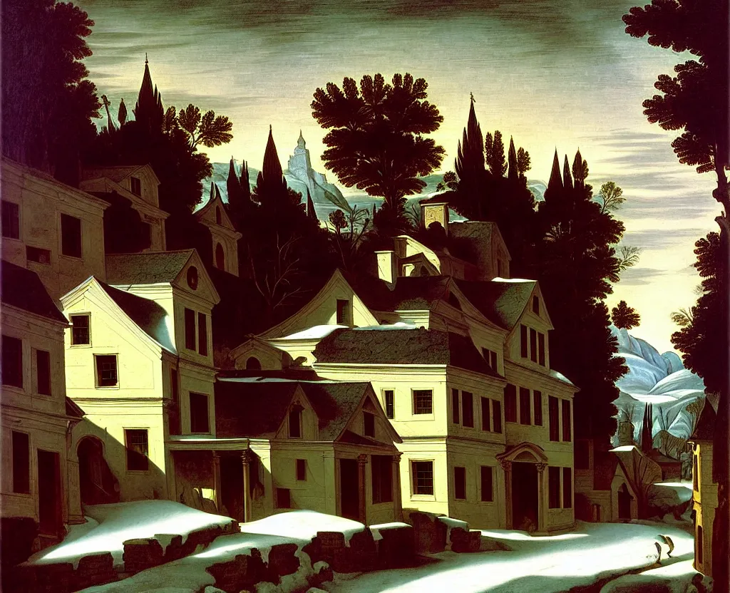 Image similar to in the style of gerald brom, caravaggio, asher brown durand, beautiful small town, houses and buildings, 1 8 0 0 s, cobblestone roads, mid day, winter, mountains in the distance