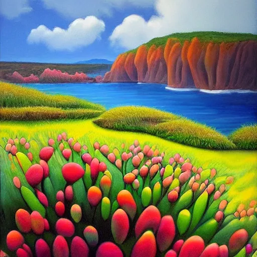 Image similar to painting of a lush natural scene on an alien planet by april gornik. beautiful landscape. colourful weird vegetation. cliffs and water.