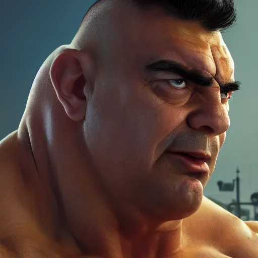 Image similar to upper body portrait of a hulking bulky swole steroids musclebound huge bodybuilder muscular herculean chiseled mr bean rowan atkinson, cinematic lighting, photorealistic, octane render, 8 k, depth of field, 3 d, art by artgerm and greg rutkowski and alphonse mucha and uang guangjian and gil elvgren and sachin ten