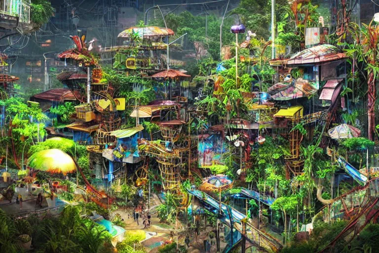 Image similar to favela winding cybernetic amusement park, lush floral jungle environment, industrial factory, apocalyptic, award winning art, epic dreamlike fantasy landscape, ultra realistic,