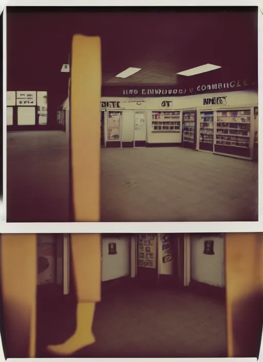 Image similar to polaroid photograph of the inside of an empty convenience store, liminal space, lonely, mannequins, black mold, cinematic, 3 5 mm, raw, unedited, 4 k, hd, the fifth element