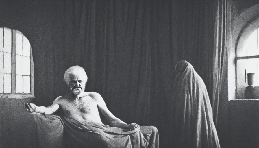 Prompt: 1 9 6 0 s movie still by tarkovsky of an elder socrates in dark drapery inside a barque in a neoclassical aqueduc, cinestill 8 0 0 t 3 5 mm b & w, high quality, heavy grain, high detail, panoramic, ultra wide lens, cinematic composition, dramatic light, anamorphic, piranesi style