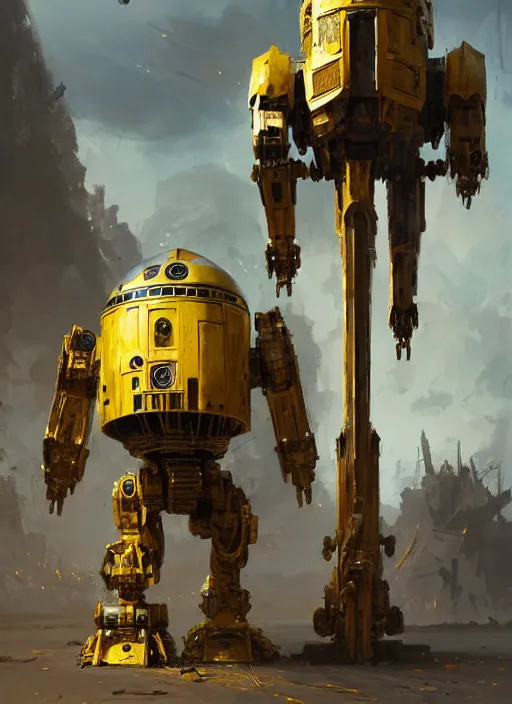 Image similar to human-sized strong intricate yellow pit droid carrying very detailed perfect antique great sword and beautiful large paladin shield, pancake short large head, exposed metal bones, painterly humanoid mecha, slightly far away, by Greg Rutkowski