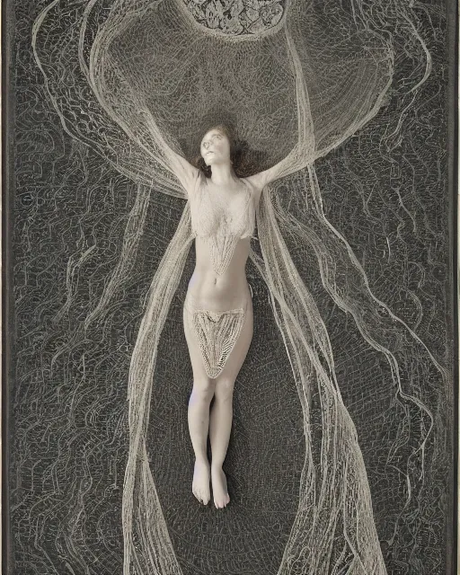 Image similar to a woman levitating above the sea, made of intricate decorative lace leaf skeleton, in the style of the dutch masters and gregory crewdson, dark and moody