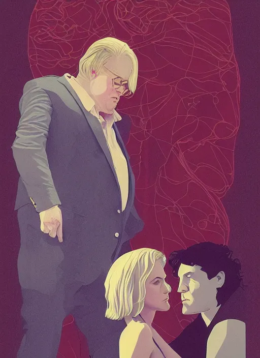 Image similar to poster artwork by Michael Whelan and Tomer Hanuka, Karol Bak of Naomi Watts & Philip Seymour Hoffman falling in love, from scene from Twin Peaks, clean, simple illustration, nostalgic, domestic, full of details