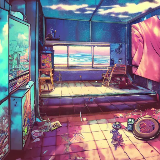 Image similar to anime background of the interior of an underwater makeshift bedroom created hastily inside a small containment unit, a loft bed, book case, computer desk, various coral seashells overtaking it, nostalgia, vaporwave, litter, steampunk, cyberpunk, water caustics, anime, vhs distortion, dynamic shot, cinematic, letterbox, art created by miyazaki