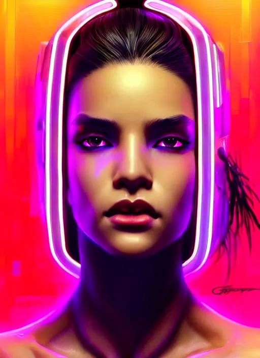 Prompt: photorealistic portrait of latino female humanoid, cyber neon lights, highly detailed, cyberpunk high fashion, elegant, crispy quality, trending in artstation, trending in pinterest, glamor pose, no signature, no watermark, cinematic, octane render, art by artgerm, art by greg rutkowski, art by pascal blanche